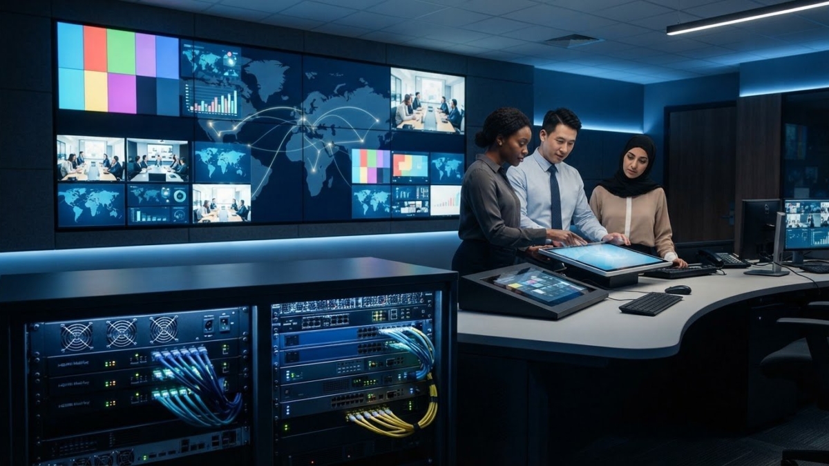 Centralized control system for multiple TVs across office locations